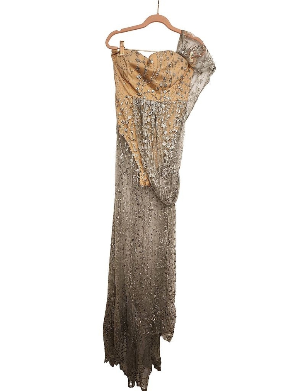 Split Silver Sequin Maxi Dress with Nude Bodysuit, Medium - Picture 3 of 10